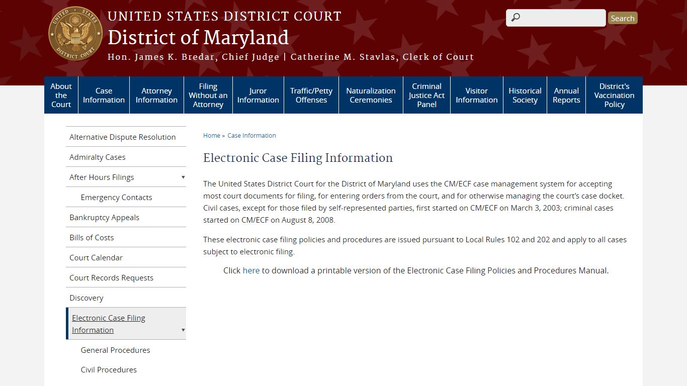 Electronic Case Filing Information | District of Maryland | United ...